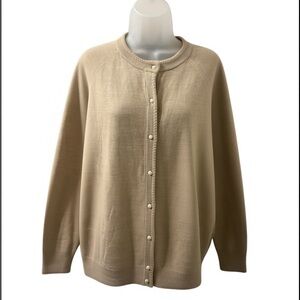Karen Scott Beige Pearl Accented Button-Up Sweater - Large